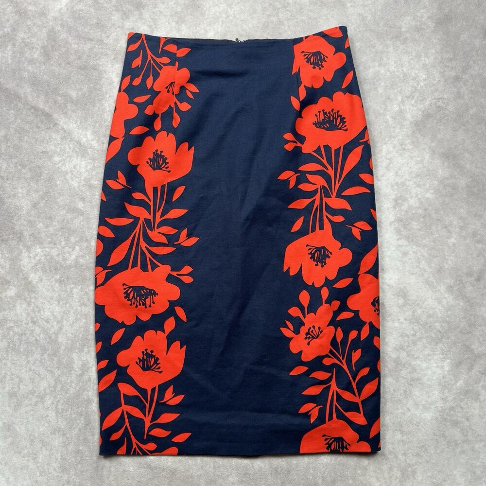 Boden Floral Cotton Pencil Skirt Midi US 6R Richmond Poppy Navy Red Lined Zip